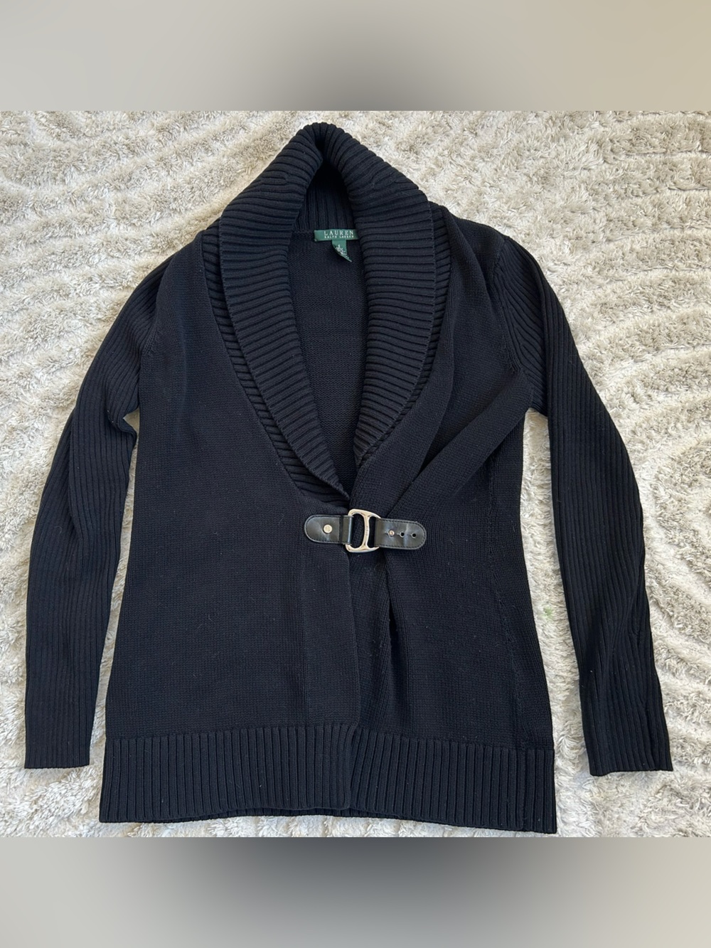 Lauren Ralph Lauren Black Shawl Collar Buckle-Front Cardigan
